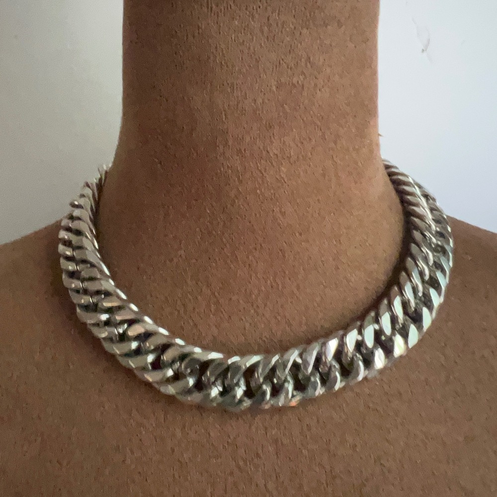 Heavy Silver Tone Chunky Cuban Link Chain Choker Necklace 16-19 Inch Streetwear